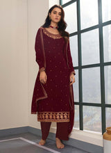 Load image into Gallery viewer, shop Jewel neckline Maroon color Georgette base Palazzo salwar suit
