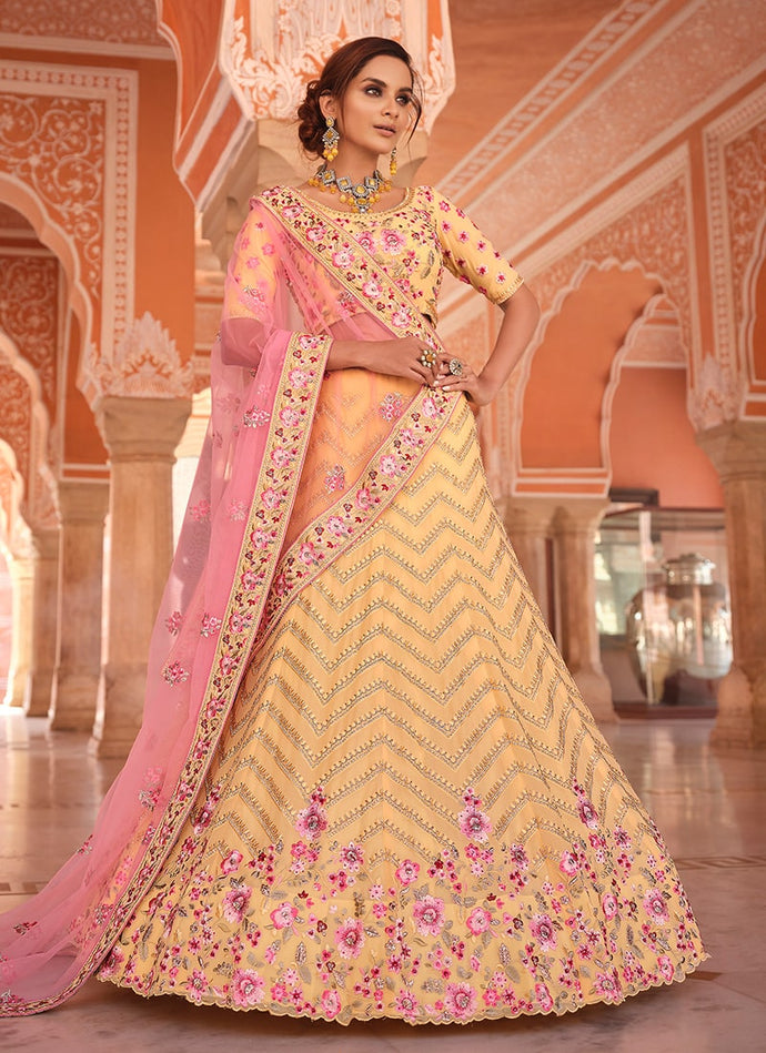 Yellow Color Georgette Material Thread And Stone Work Lehenga
