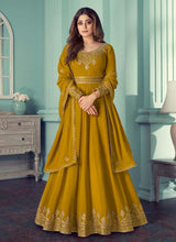 Load image into Gallery viewer, Zari and Dori work Georgette base Ochre Yellow color Designer Gown
