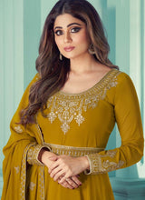 Load image into Gallery viewer, online Zari and Dori work Georgette base Ochre Yellow color Designer Gown
