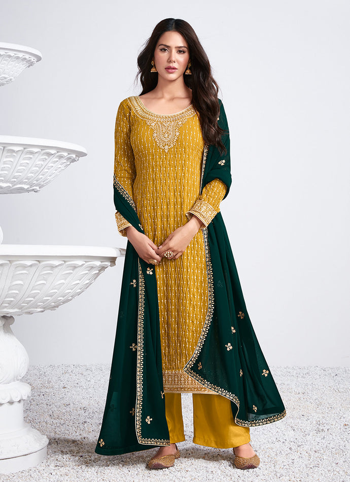 Yellow Color Georgette Material Zari Work Pant Style Salwar Suit