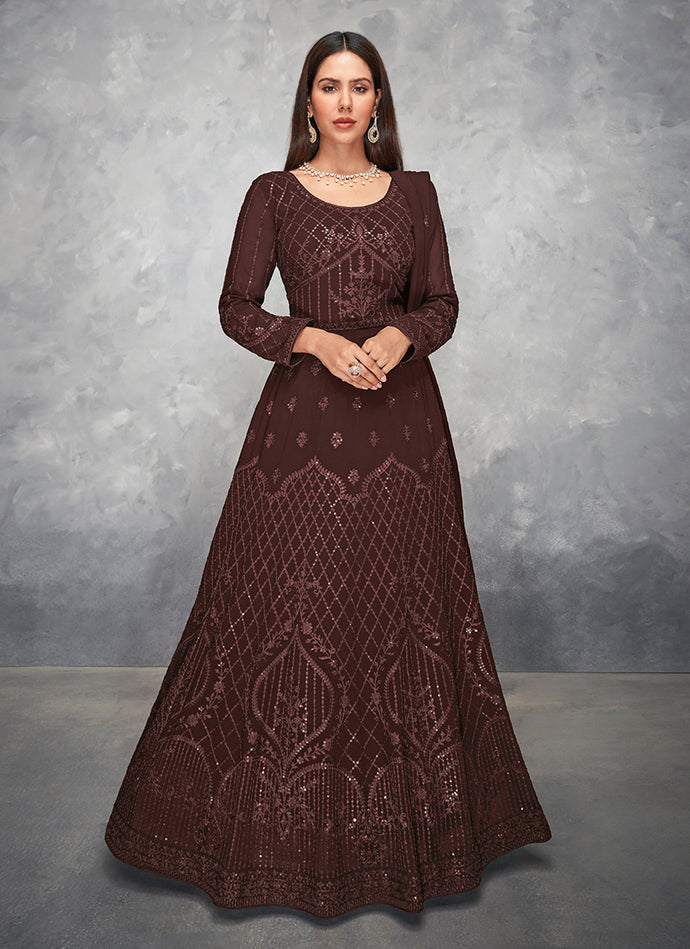 Brown Color Georgette Material Thread Work Gown