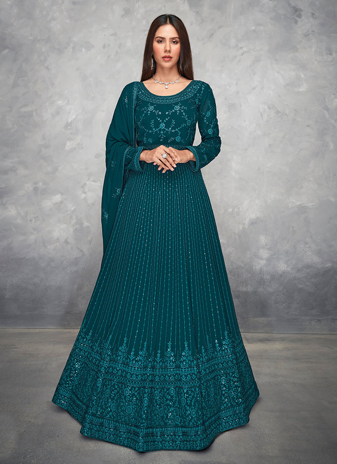 Teal Green Color Georgette Material Thread Work Gown