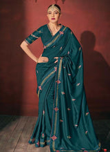 Load image into Gallery viewer, Rama green colored resham worked designer partywear V neck saree
