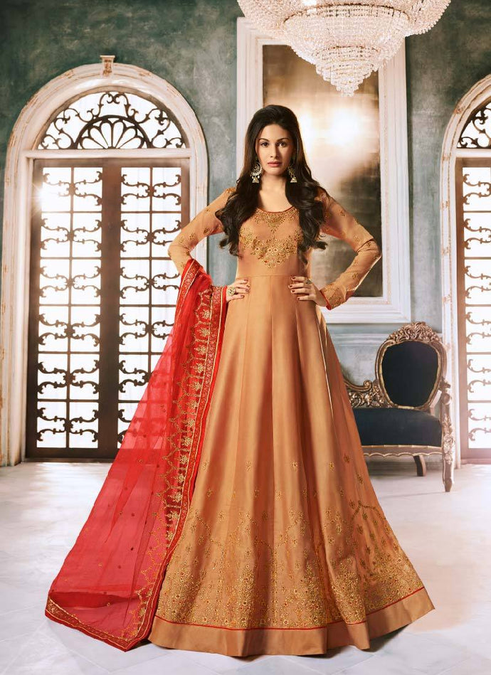 Shop beautiful Georgette base beads and zari work designer gown with red dupatta