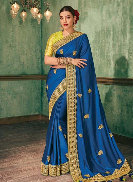Royal blue colored Zari worked designer partywear half and half saree
