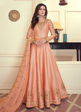 Load image into Gallery viewer, peach colored art silk base partywear Zari worked anarkali suit
