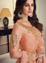 Load image into Gallery viewer, peach colored art silk base partywear Zari worked anarkali suit
