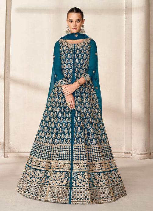 Teal Blue Color Fully Embroidered And Stone Work Anarkali Suit With Dupatta