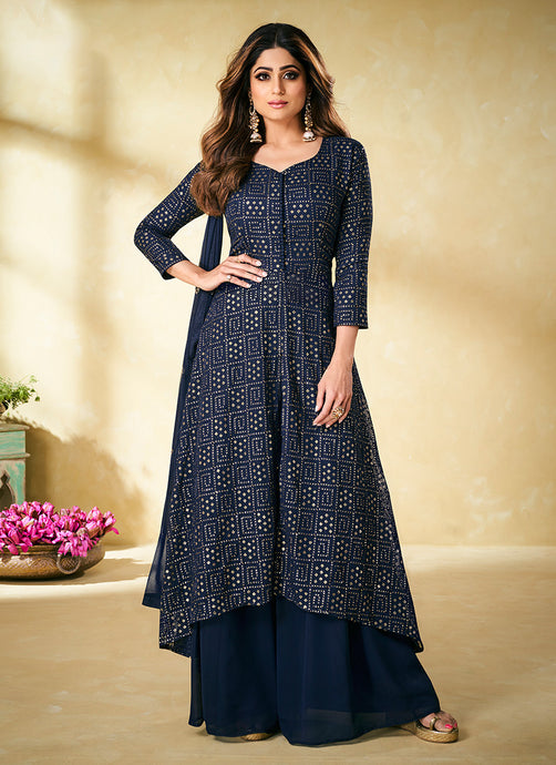 Quarter Sleeves Fully Sequins Work Navy Blue Slit Cut Suit With Palazzo