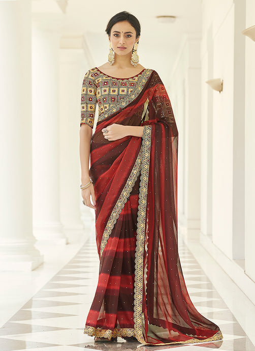 Red Colored Organza Material Gota And Thread Work Saree