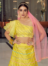 Load image into Gallery viewer, online Yellow Color Art Silk Fabric Thread Work Ethnic Wear Lehenga
