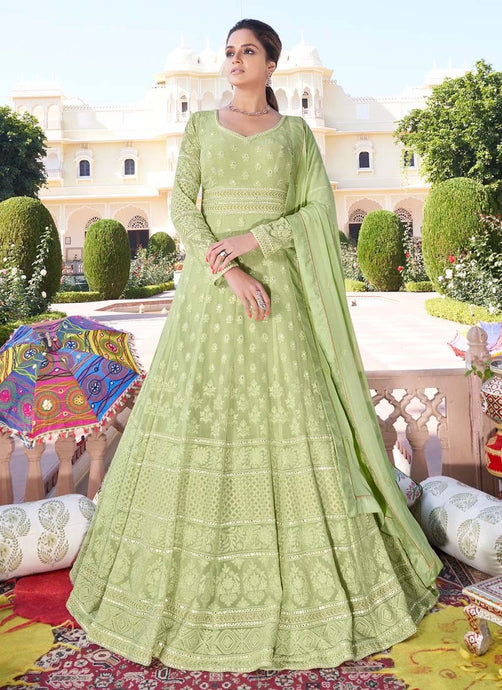 lemon green colored georgette base weddingwear designer gown