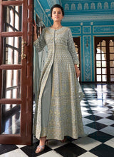 Load image into Gallery viewer, green colored georgette base lucknowi worked slit cut suit

