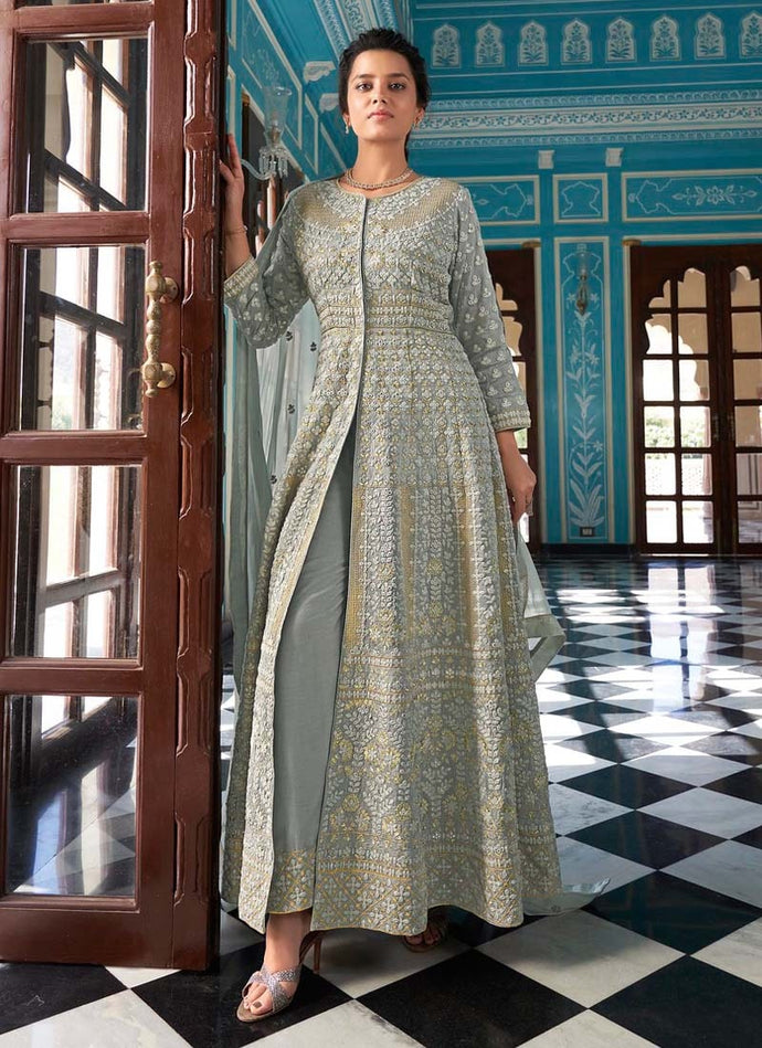 green colored georgette base lucknowi worked slit cut suit