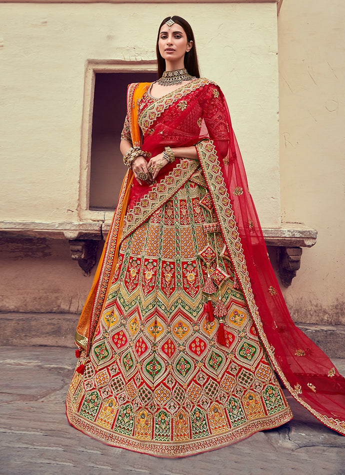 Bridal Wear Red Color Lehenga With Zari And Stone Work
