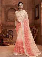 Load image into Gallery viewer, splendid peach colored embroidered soft net base saree

