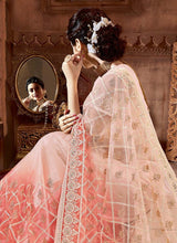 Load image into Gallery viewer, buy splendid peach colored embroidered soft net base saree
