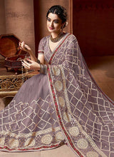 Load image into Gallery viewer, buy tremendous grey colored embroidered soft net base saree
