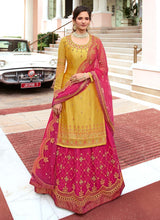 Load image into Gallery viewer, buy mustard and pink colored heavy work georgette base pant style suit

