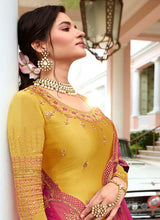 Load image into Gallery viewer, shop mustard and pink colored heavy work georgette base pant style suit
