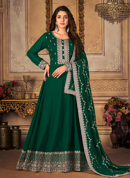 Green Anarkali Suit With Laced Dupatta
