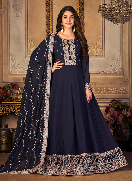 Navy Blue Anarkali Suit With Laced Dupatta