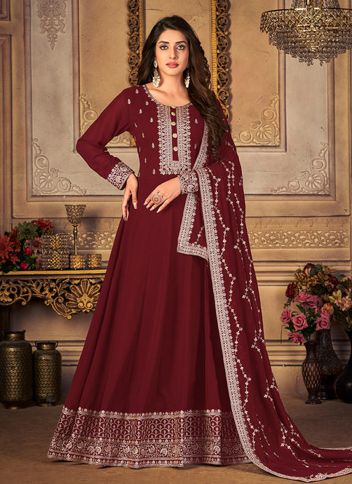 Maroon Anarkali Suit With Laced Dupatta