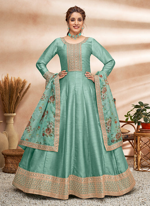Art Silk Fabric Green Gown With Floral Dupatta
