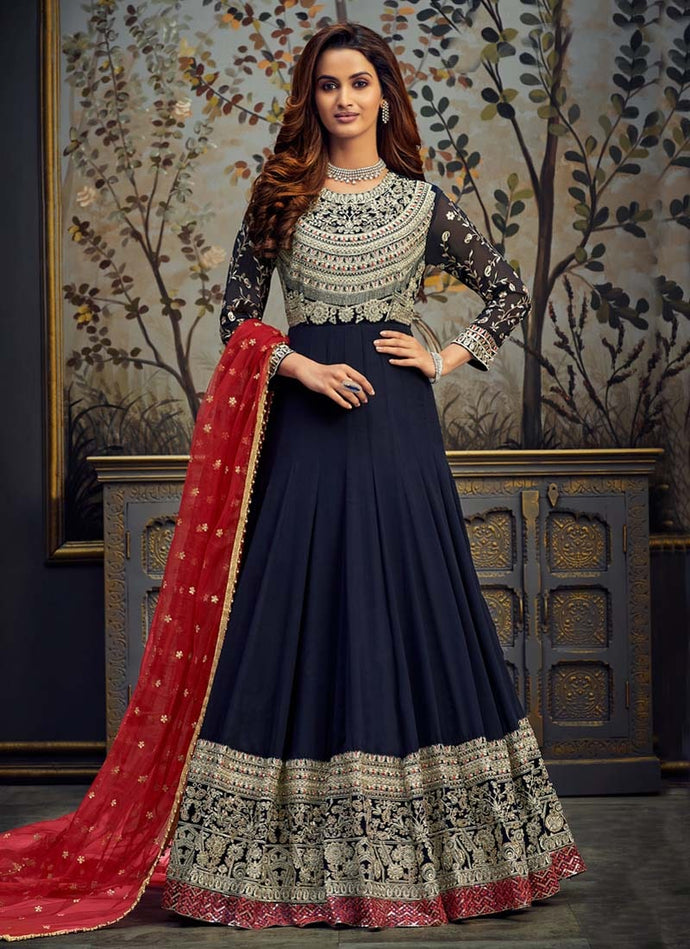 extraordinary navy blue colored heavy work georgette base gown