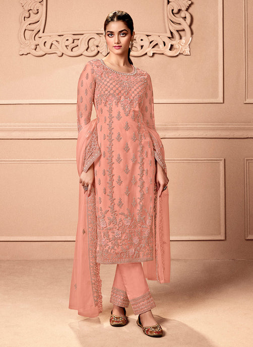 Peach Color Net Base Embroidered Straight Suit