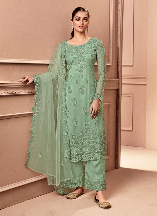 Green Color Net Base Embroidered Straight Suit