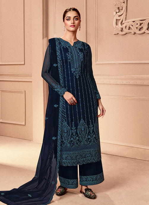 Navy Blue Color Net Base Embroidered Straight Suit
