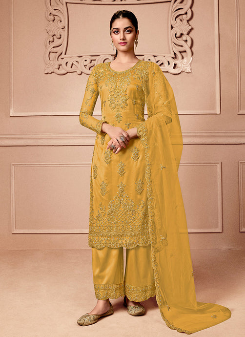Yellow Color Net Base Embroidered Straight Suit'
