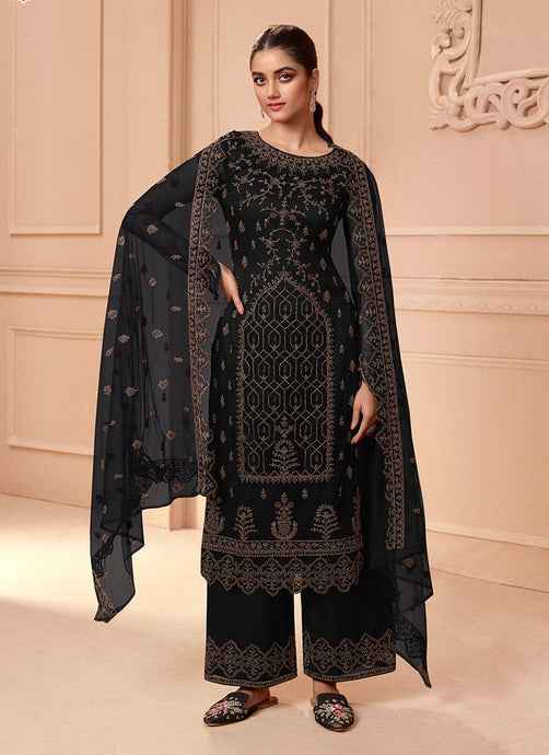 Black Color Net Base Embroidered Straight Suit