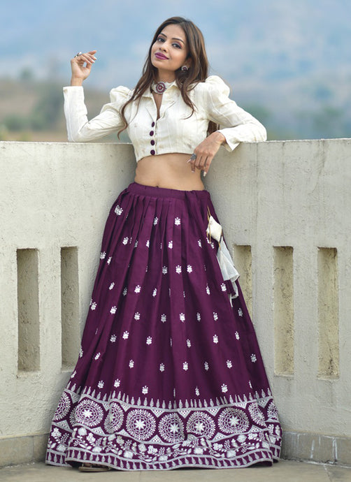 Wine Color Lucknowi Worked Pure Cotton Lehenga Choli With Collared Blouse