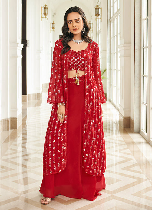 Sequins Work Red Color Jacket Style Lehenga