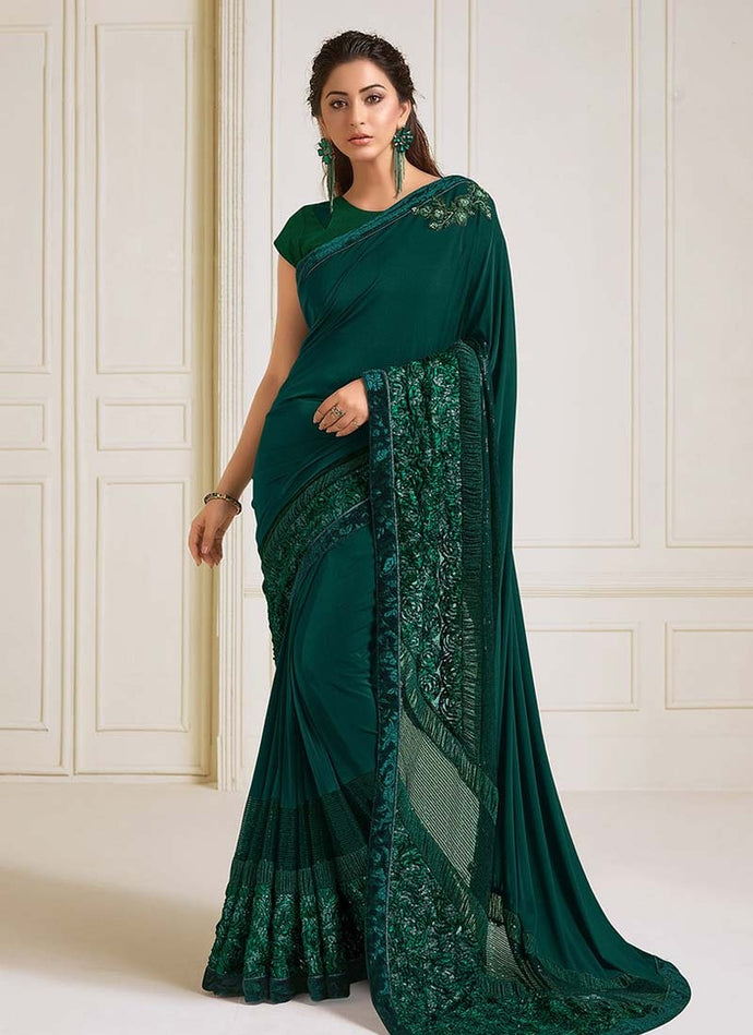 green colored extraordinary weddingwear handwork designer saree