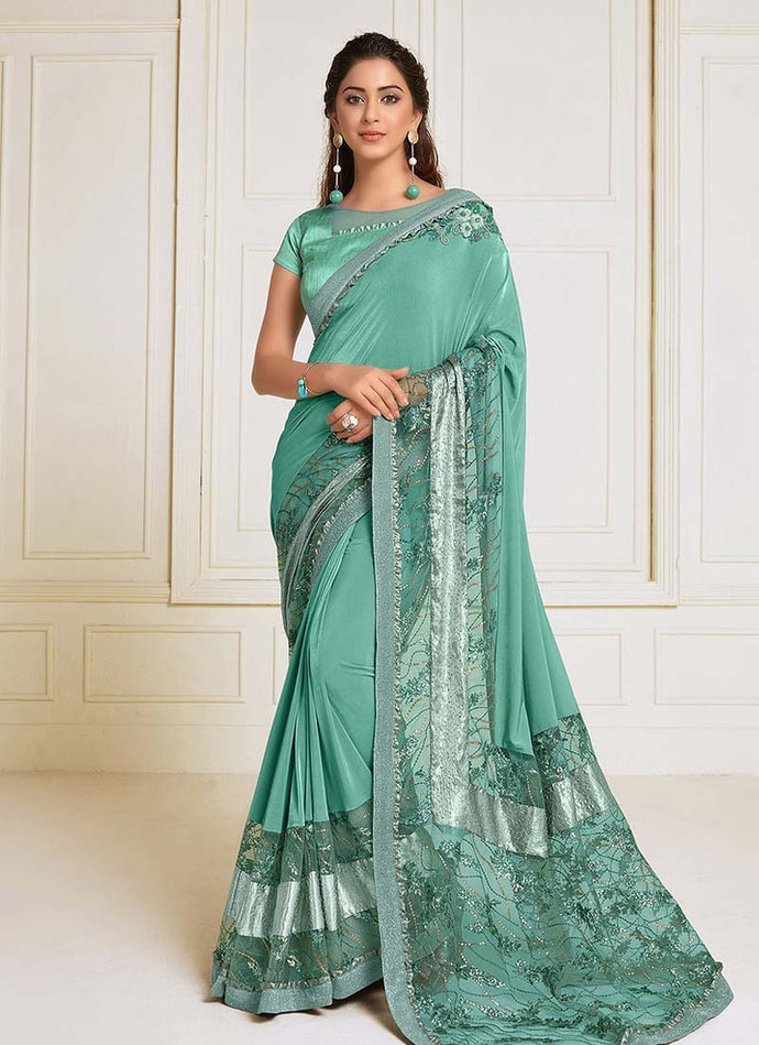 sea green colored extraordinary weddingwear handwork designer saree