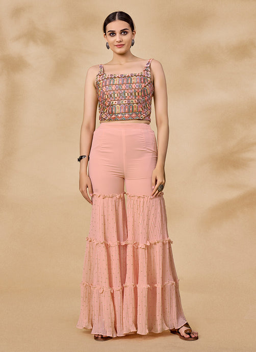 Peach Color Jacket Style Suit With Crushed Sharara