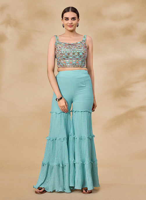 Sky Blue Color Jacket Style Suit With Crushed Sharara
