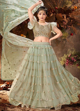 Load image into Gallery viewer, Frill Sleeves Blouse Sea Green Color Mirror Work Lehenga
