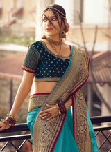 Load image into Gallery viewer, buy aqua green colored weddingwear silk base saree with designer blouse
