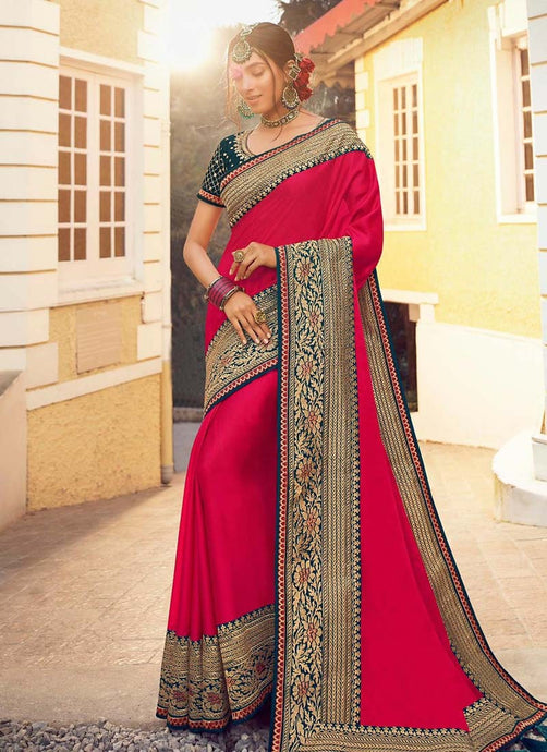 amazing red colored weddingwear silk base saree with designer blouse