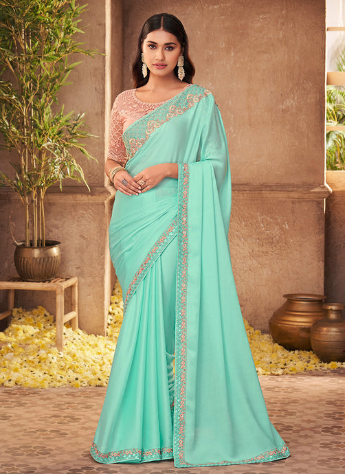 Turquoise Color Silk Fabric Sequins Work Half And Half Saree