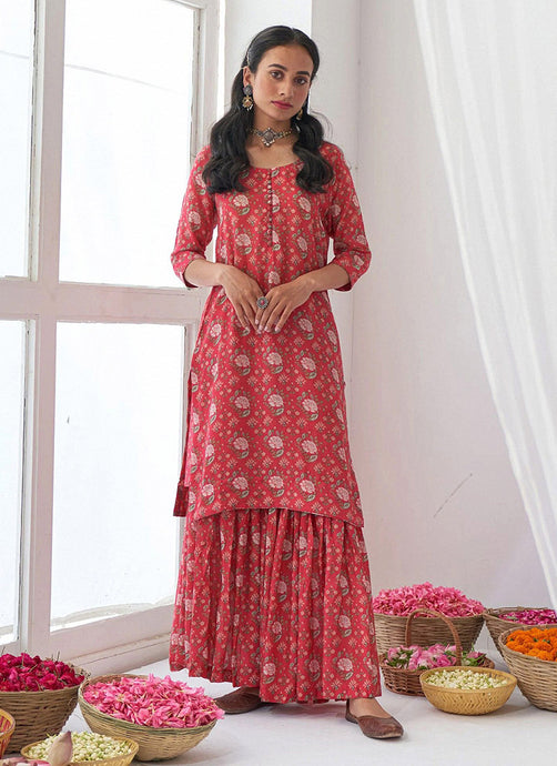 Casual Wear Printed Red Sharara Suit