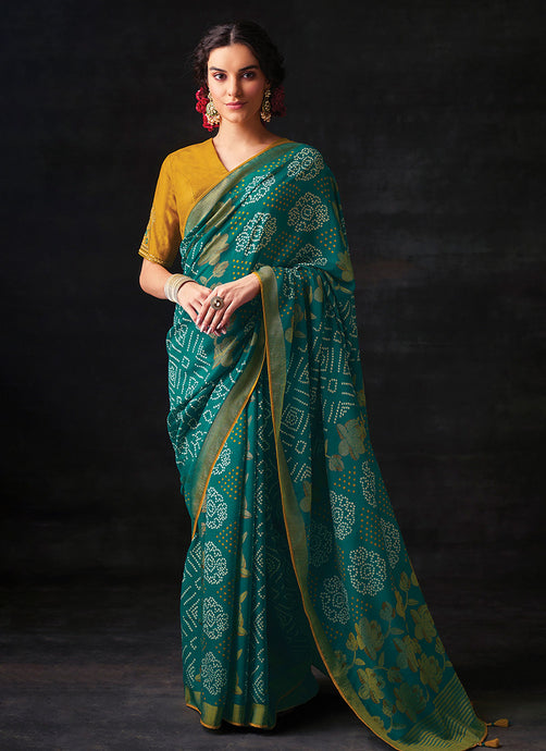 Pine Green Bandhani Style Saree With Contrast Blouse
