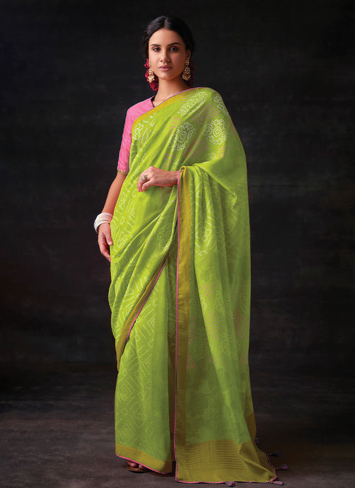Lime Green Bandhani Style Saree With Contrast Blouse