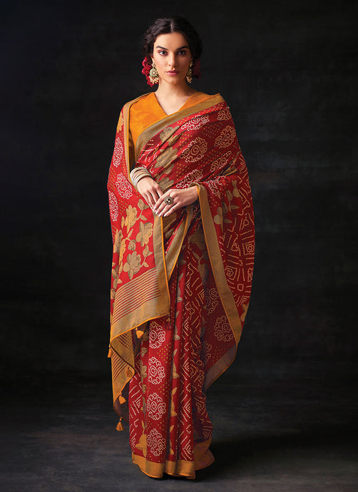 Red Bandhani Style Saree With Contrast Blouse