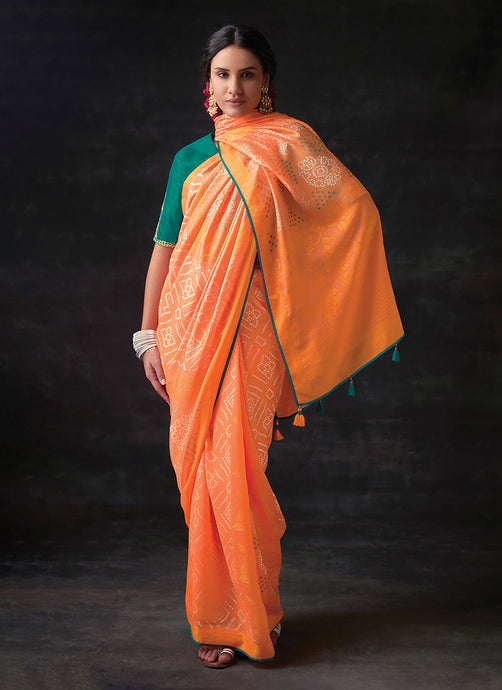 V-Neck Blouse Orange Color Bandhani Style Saree